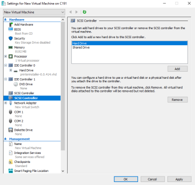 SCSI Controller tab with Hard Drive option selected and the Add button showing to the lower right.